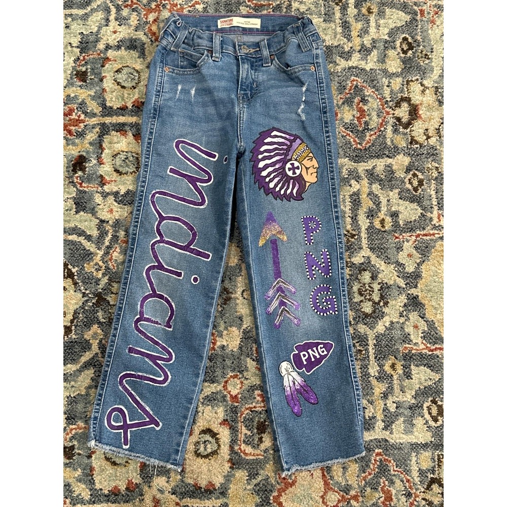 Signature Levi Strauss Custom Painted Jeans Kids 8 Blue PNG Indians Spirit